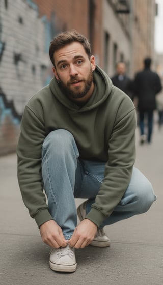 Photo of Full body: Man, hoodie, crouching used for an AI video