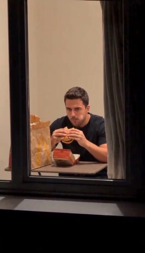 Window Peeper - Get Caught Eating a Burger at the Window AI video template sample